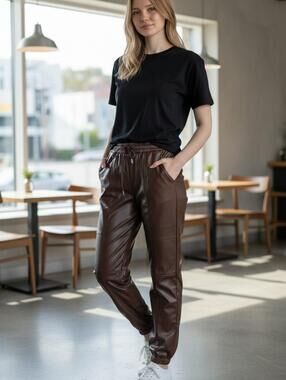Love Tree Brown Faux Leather Drawstring Pants Medium Plether Sweatpants